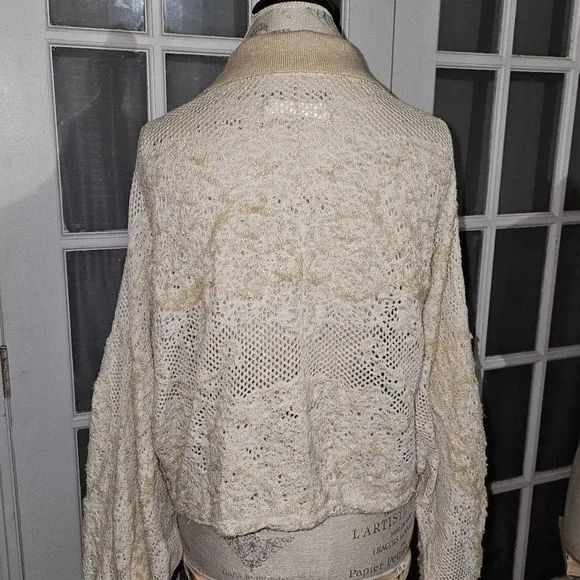 Anthropologie Womens Tan Natural Cropped Lace Cardigan Sweater M/L Medium Large - Picture 2 of 5